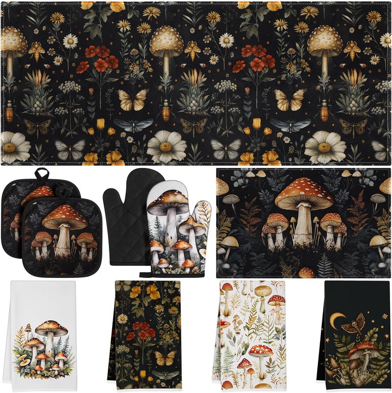 Mysora 10 Pcs Mushrooms Kitchen Gift 4 Dish Towels Tea Towels 2 Oven Mitts 2 Pot Holders Gothic 2 Mats Kitchen Accessories for Cooking Baking - Image 1